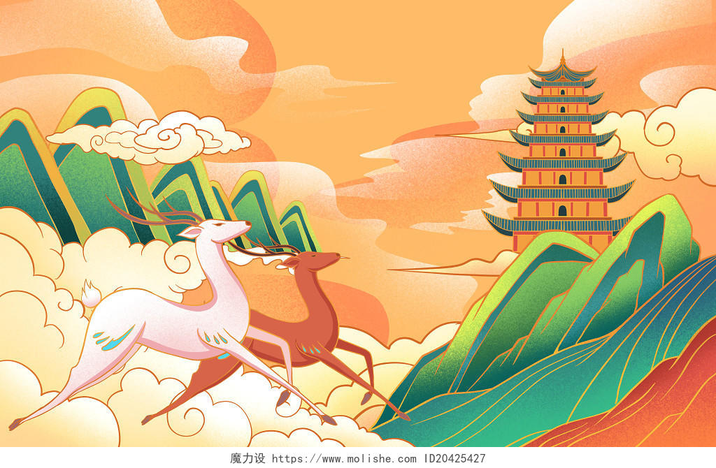 手绘中国风国潮麋鹿原创插画海报